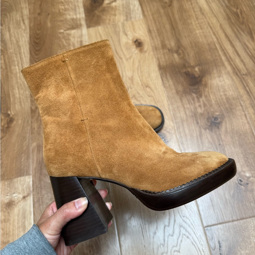 Sezane Camel Suede Block Heel Ankle Boots
